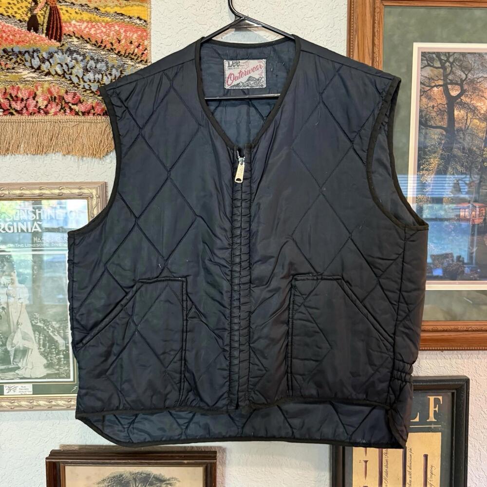 Vintage Lee Outerwear 1970s Diamond Western Quilted Puff Vest Black XL TALON ZIP